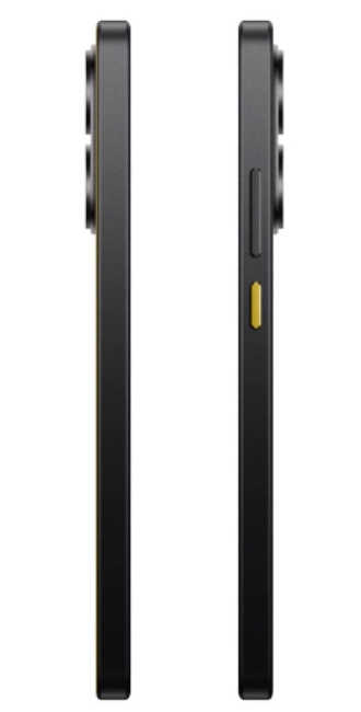 Dwa czarne telefony z żółtym przyciskiem i aparatem. Telefony są wyświetlane z boku.