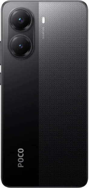 Czarny smartfon, widok z tyłu, z dwoma aparatami i logo POCO.