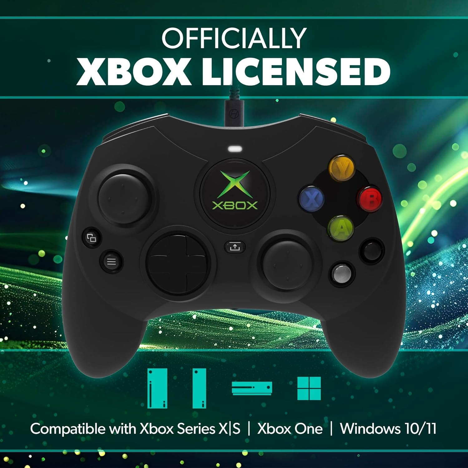 Schwarzer Xbox-Controller mit grünen Akzenten, Knöpfen und 'Offiziell lizenziert'.