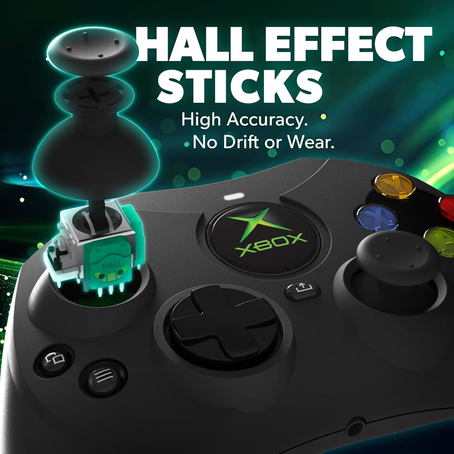 Ein Xbox-Controller mit Hall-Effekt-Sticks. Text lautet "Hall Effect Sticks" und "High Accuracy".