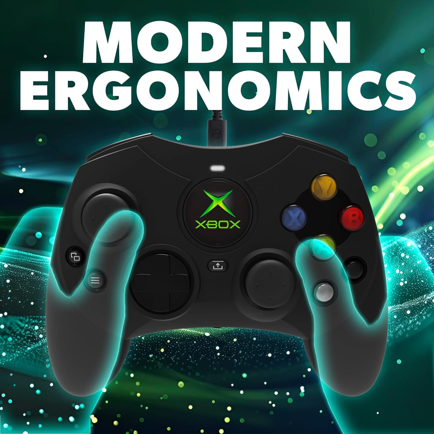 Schwarzer Xbox-Controller in Händen gehalten, Text Moderne Ergonomie oben.