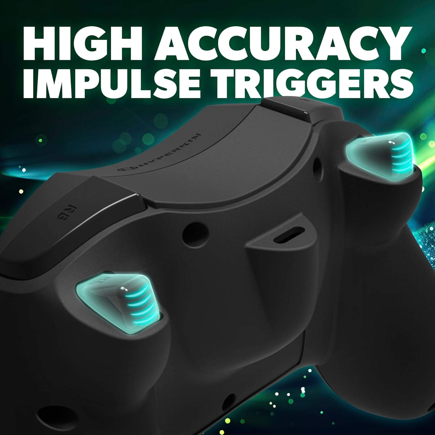 Schwarzer Gamecontroller mit hochpräzisen Triggern, blau beleuchtet.