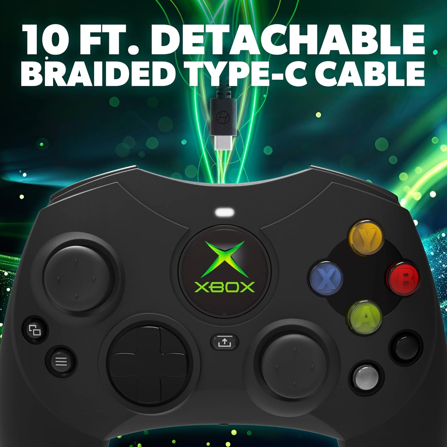 Schwarzer Gamecontroller mit Knöpfen, Logo und abnehmbarem geflochtenem Typ-C-Kabel.