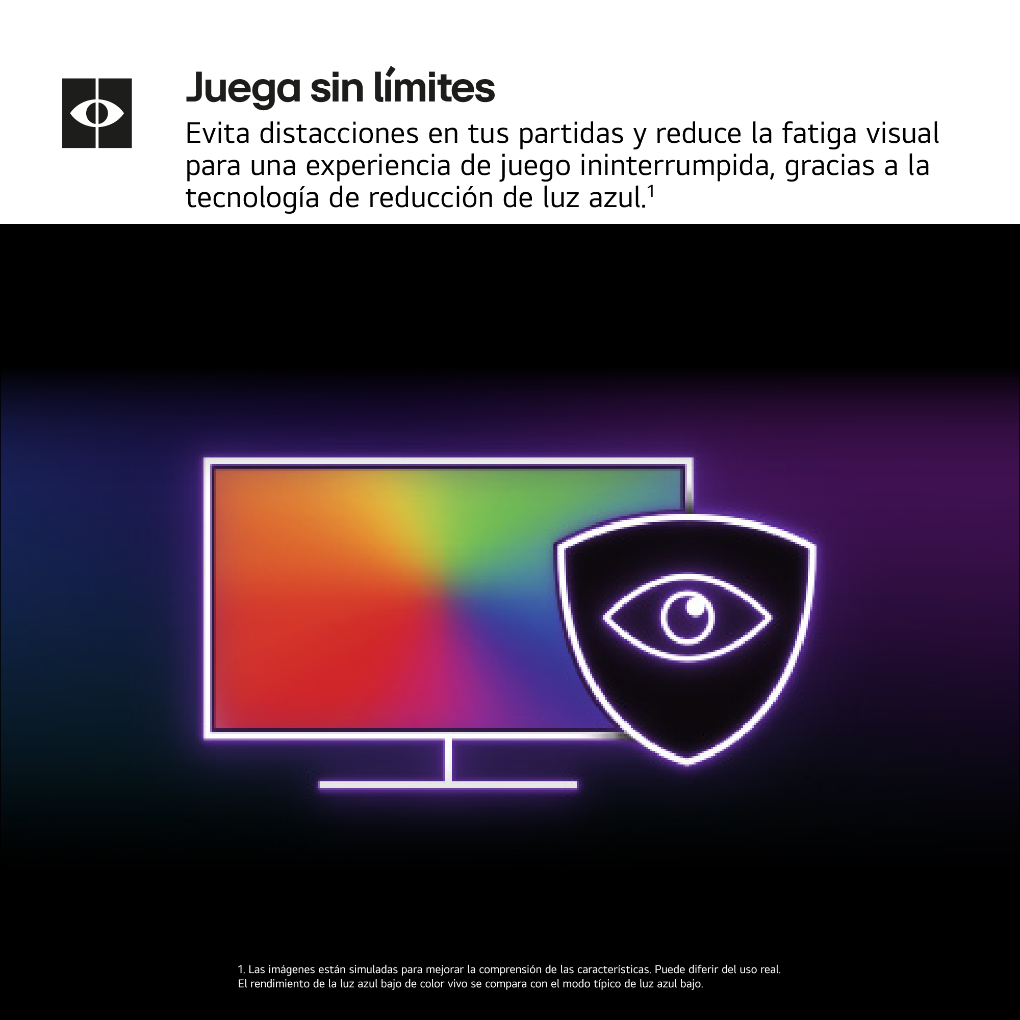 La imagen muestra un monitor con una pantalla colorida, un escudo con un ojo y texto sobre la fatiga visual.