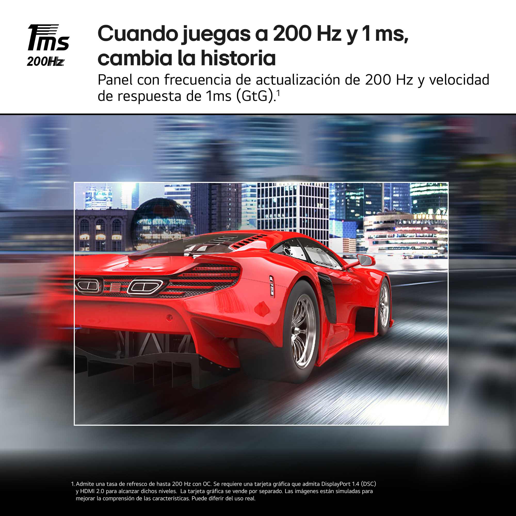 Coche deportivo rojo a gran velocidad en carretera, ciudad borrosa atrás, texto arriba.