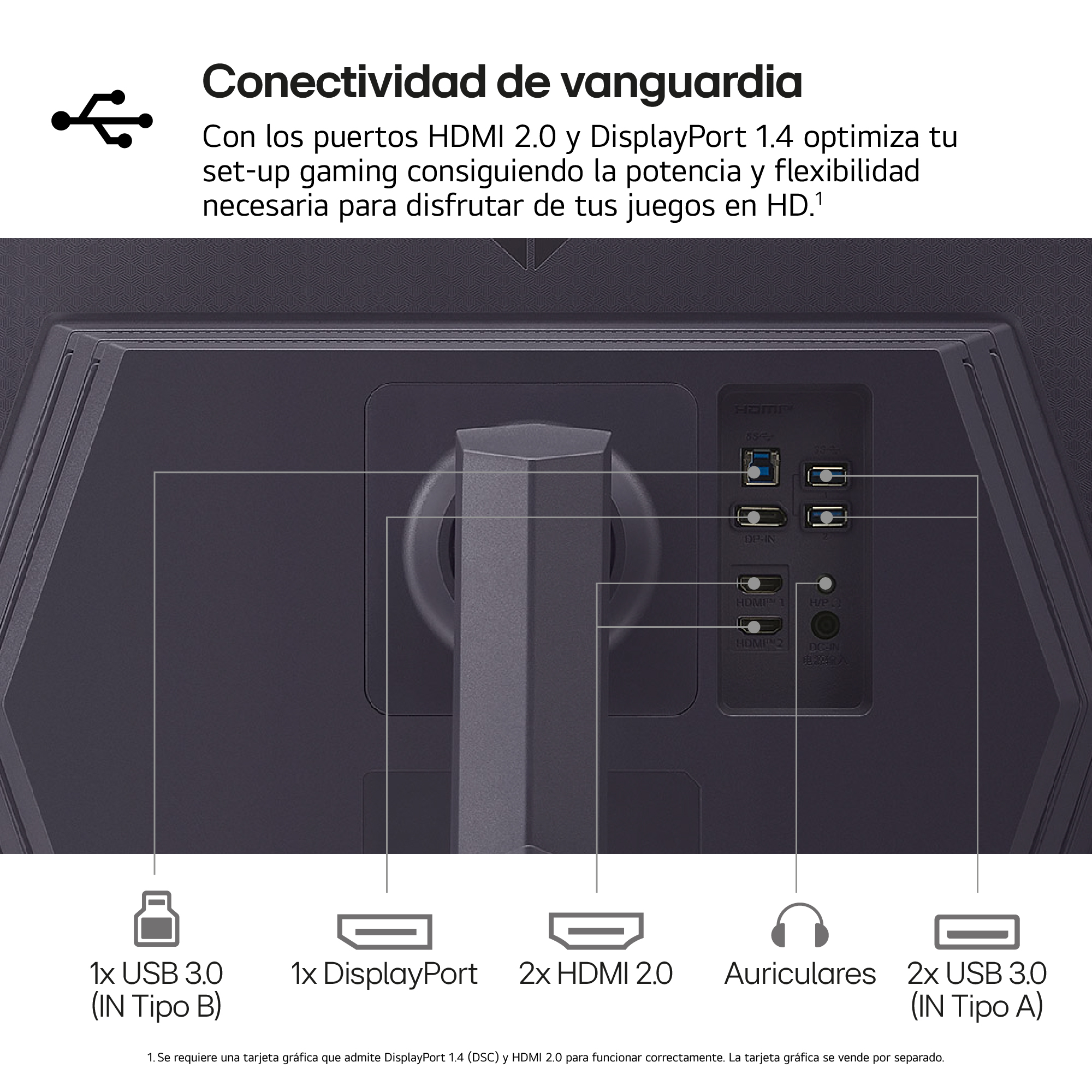 Parte trasera del monitor con puertos y conexiones, iconos para USB, HDMI y DisplayPort.