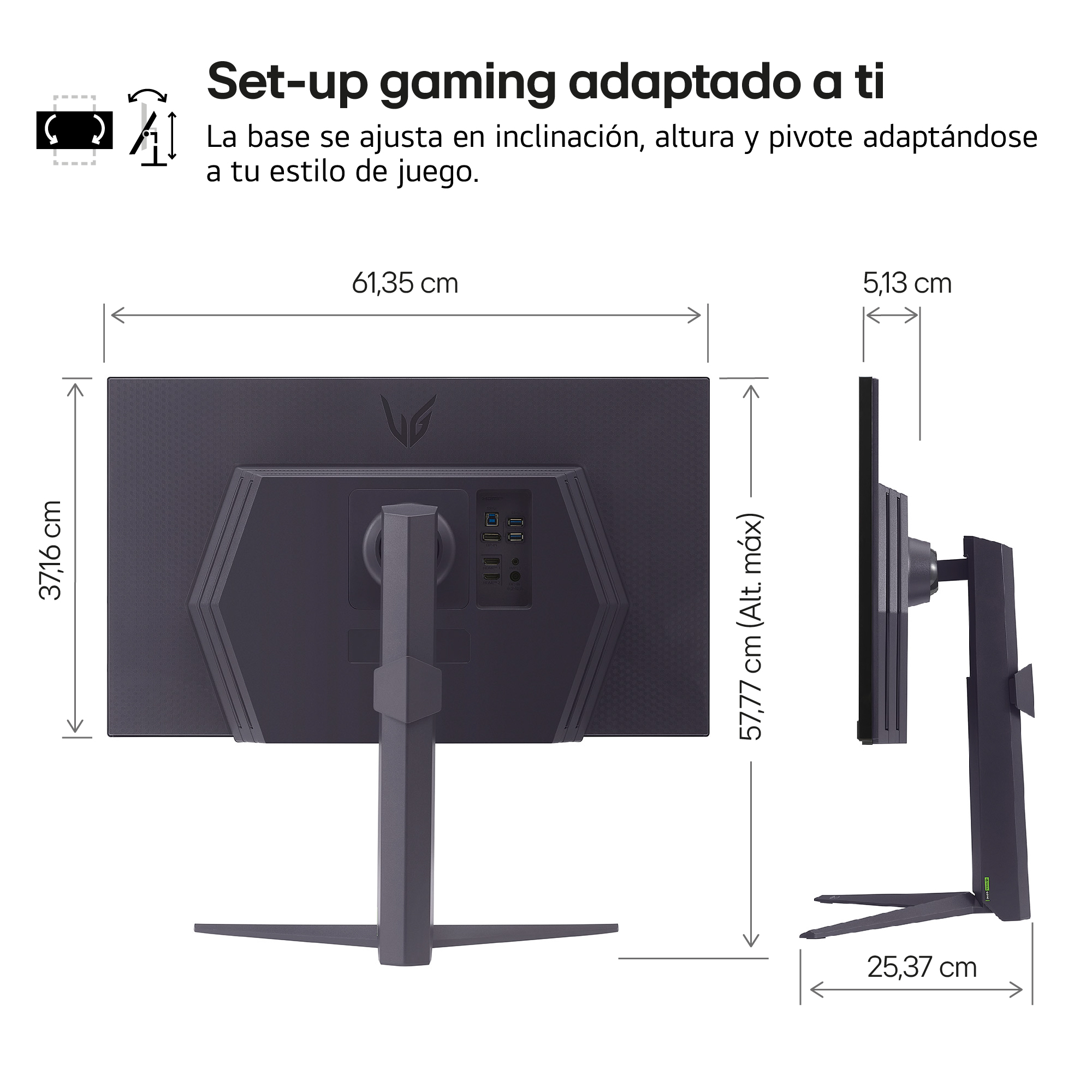 Diagrama de un monitor que muestra dimensiones y capacidad de ajuste.