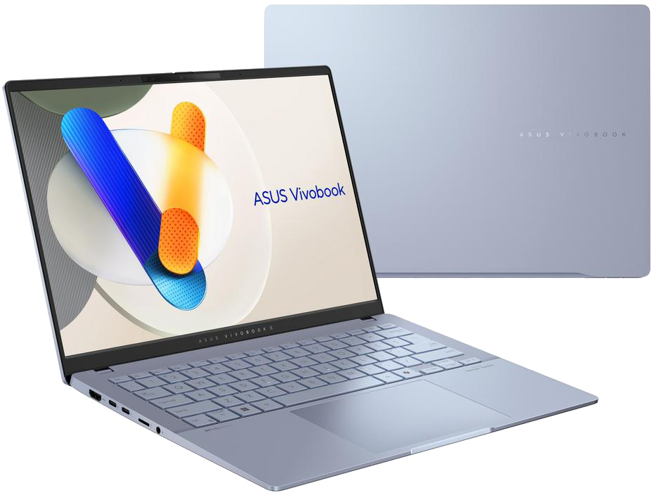 Kék laptop. Felülnézet: Asus Vivobook. Képernyő absztrakt formákat mutat. Világoskék test.
