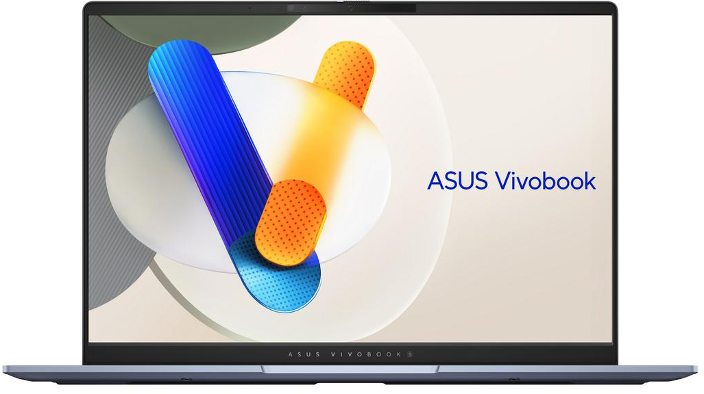 ASUS Vivobook laptop nyitott kijelzővel, absztrakt művészettel, kék, narancs és fehér formákkal.