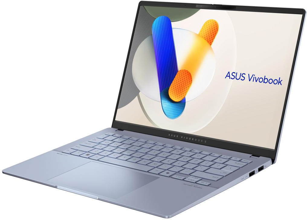 Kék-ezüst ASUS Vivobook laptop nyitva, absztrakt színes grafikát jelenít meg a képernyőn.