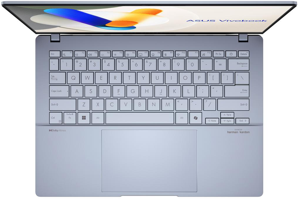 Kék laptop, nyitott, felülnézet. Billentyűzet látható, képernyő színes grafikákat jelenít meg. Fehér háttér.