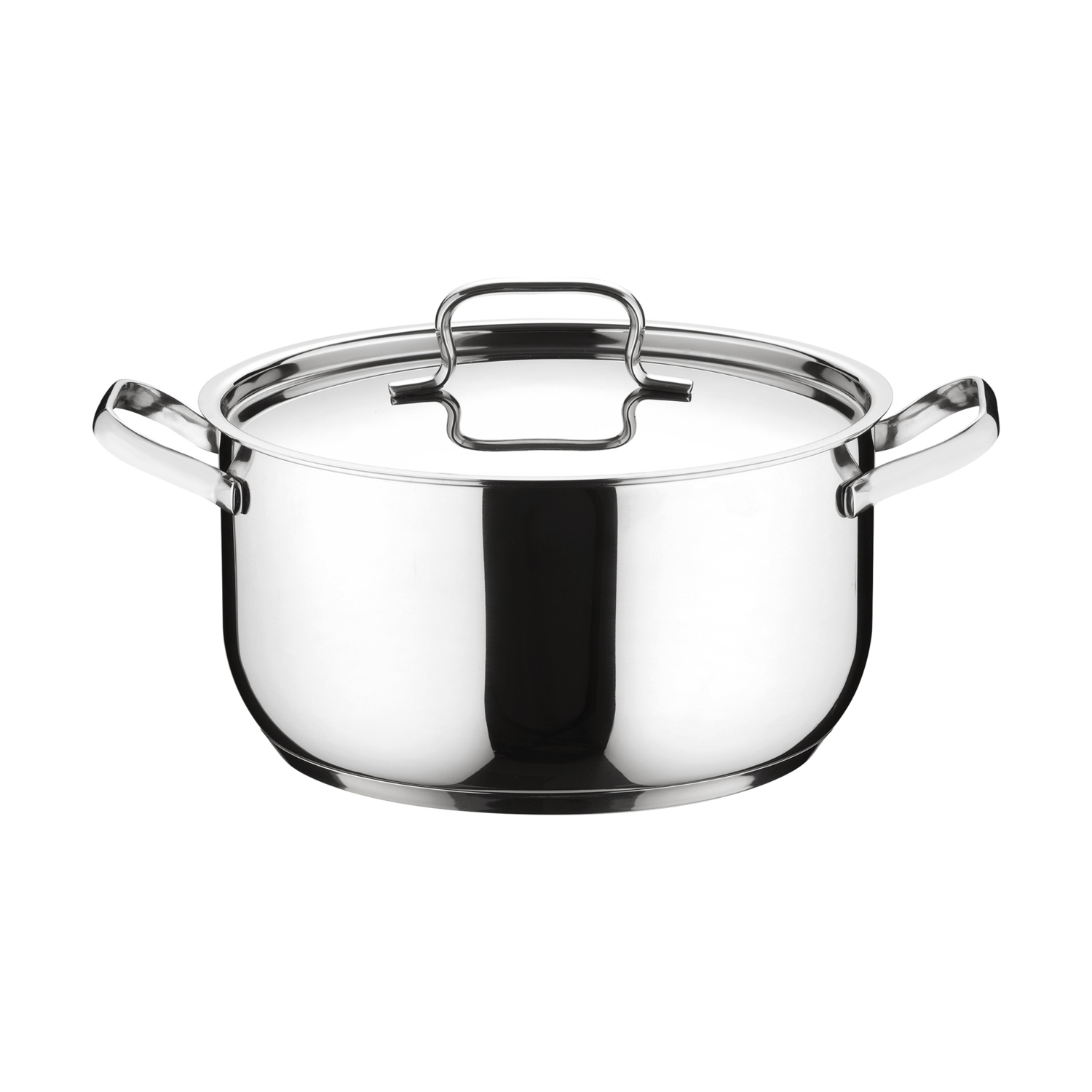 Pentola in acciaio inox con coperchio e manici, su sfondo bianco, vista isolata.