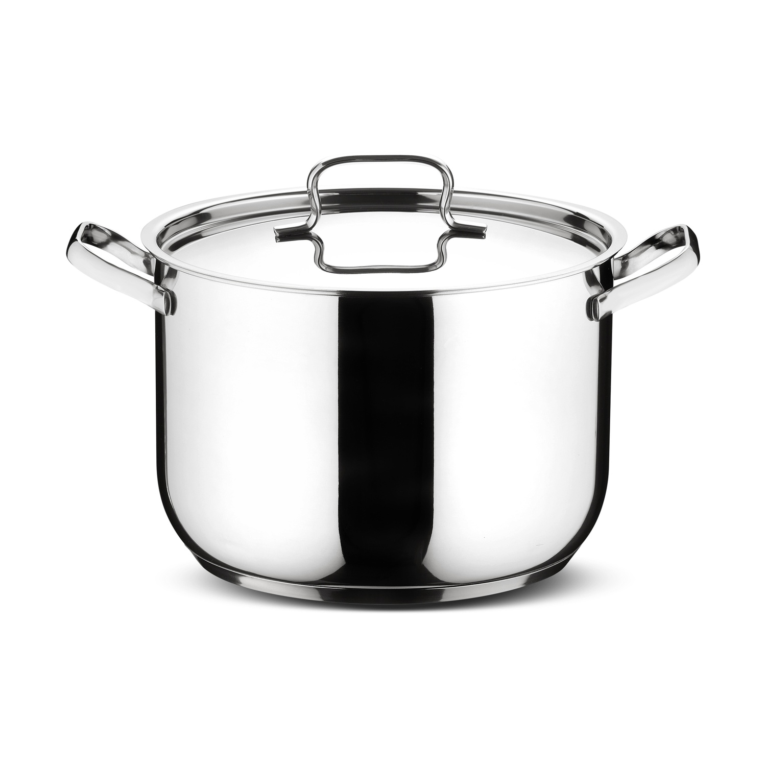 Pentola lucida in acciaio inox con coperchio, sfondo bianco.