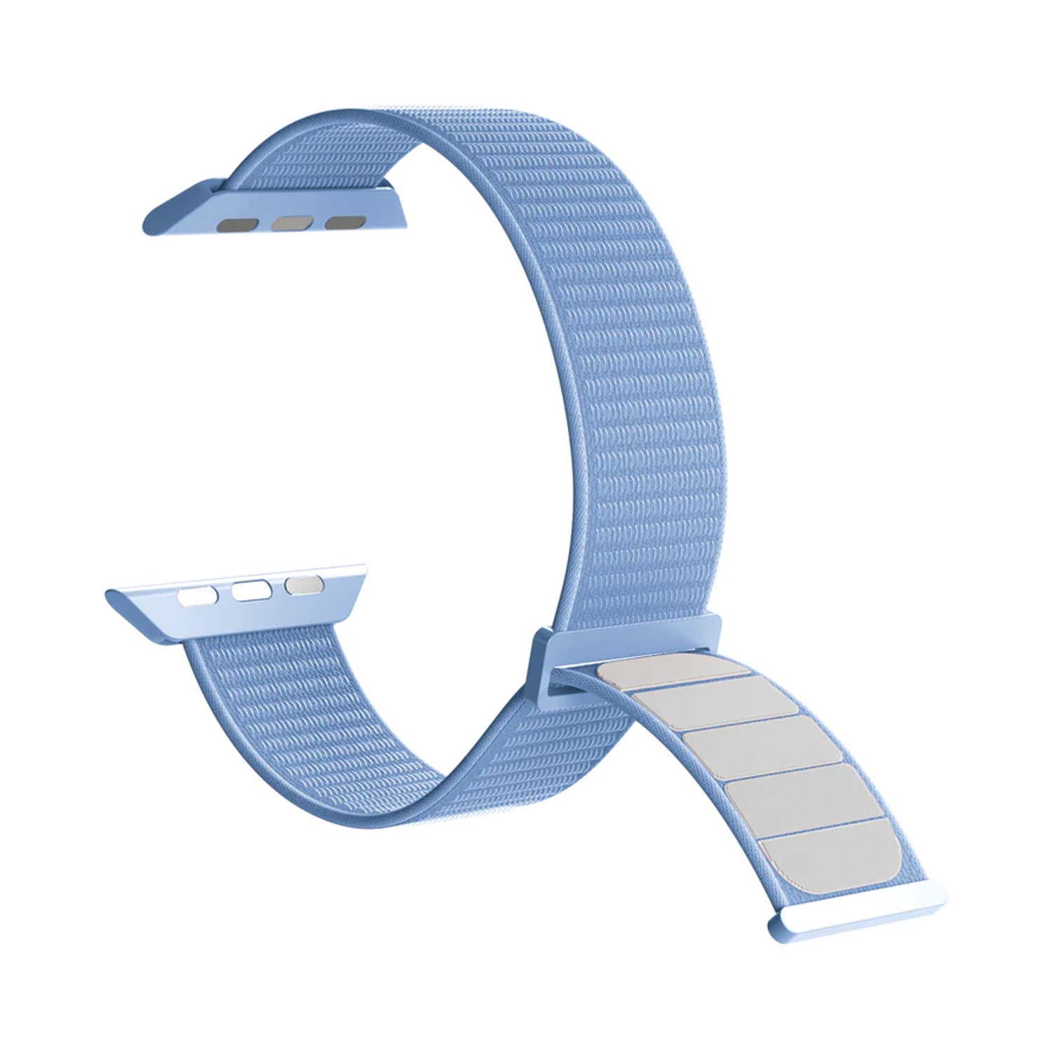 Cinturino Apple Watch azzurro con trama intrecciata, con connettori e chiusura.