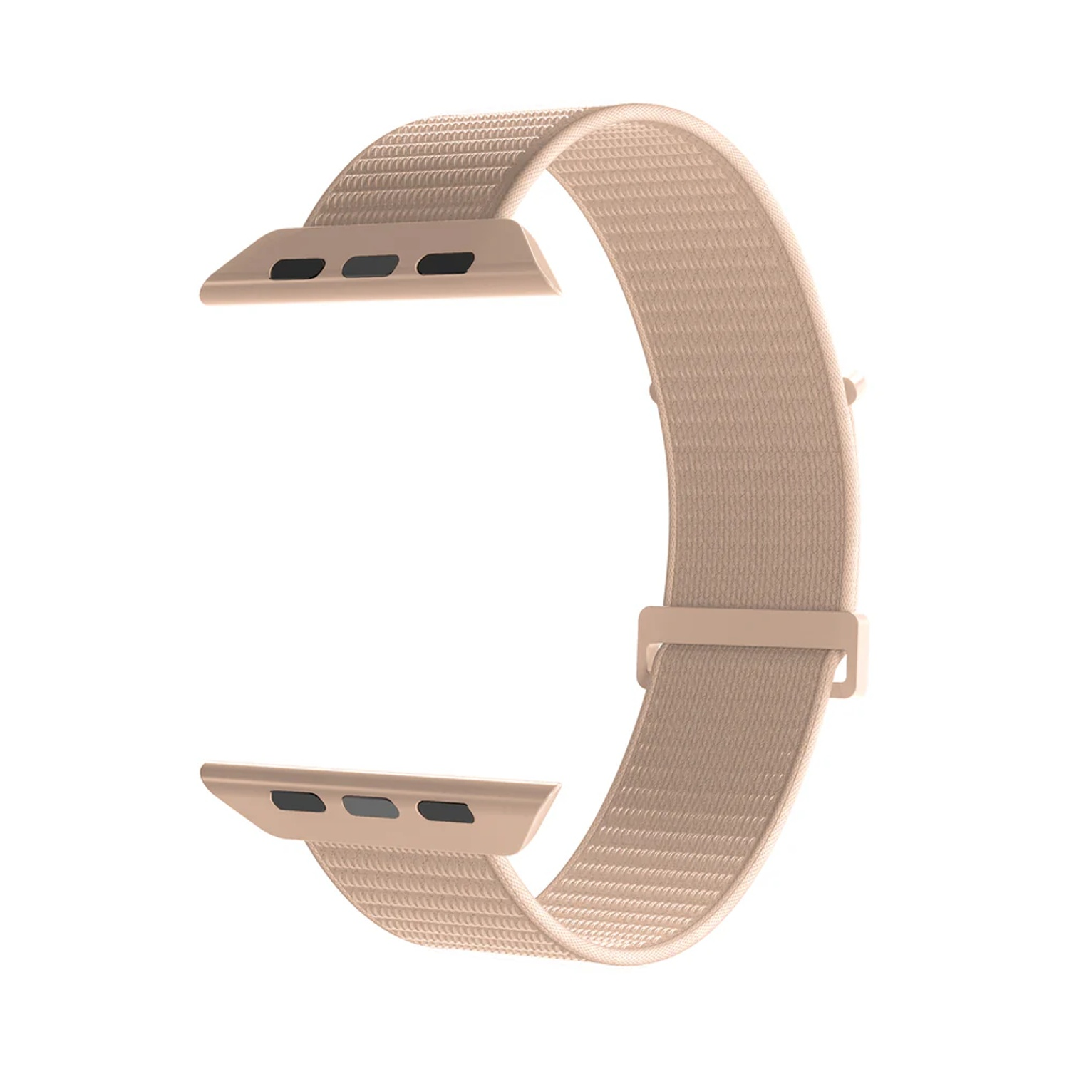 Un cinturino intrecciato beige per Apple Watch, con fibbia e hardware di attacco visibili.
