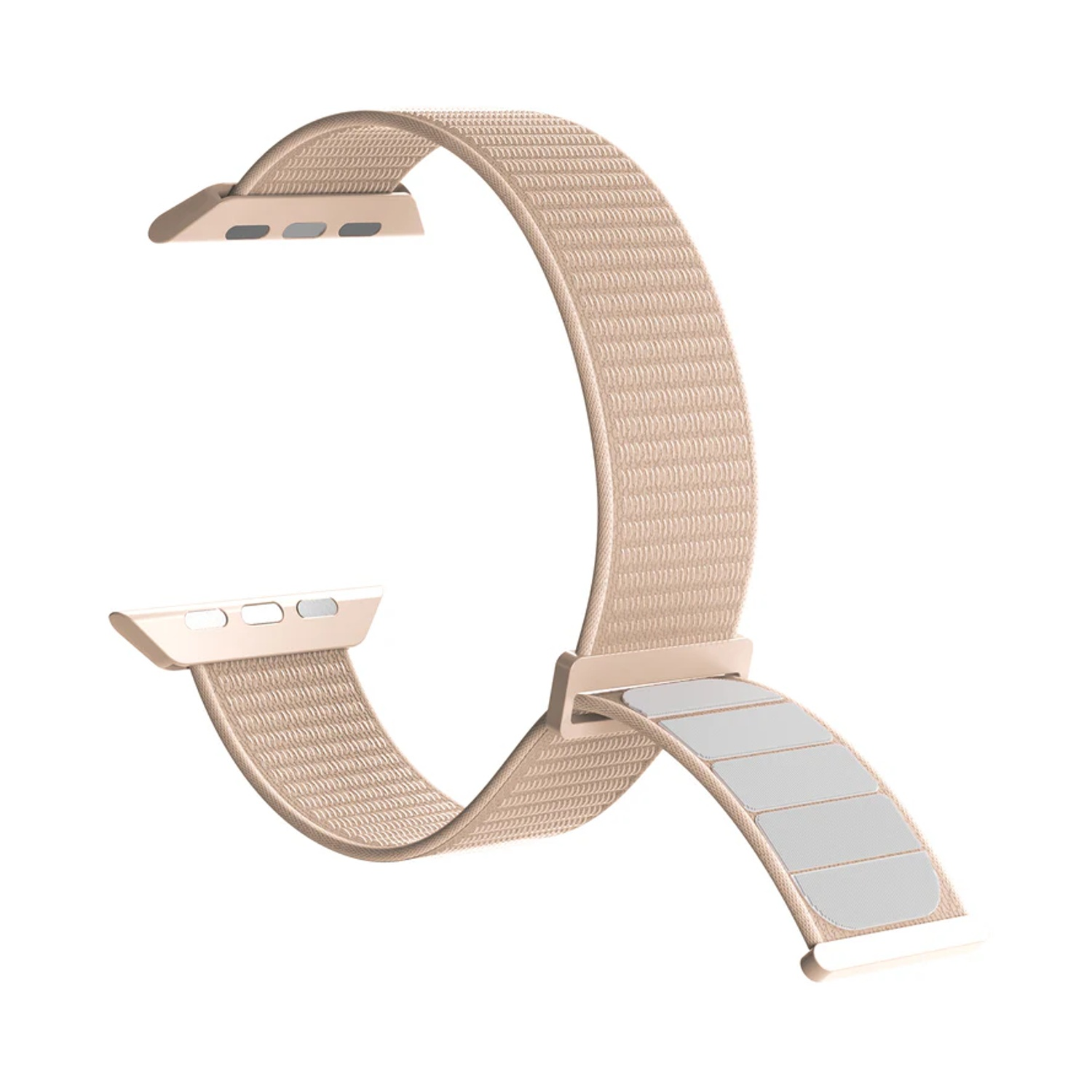 Cinturino Apple Watch in tessuto beige, curvo e aperto, con elementi di attacco.