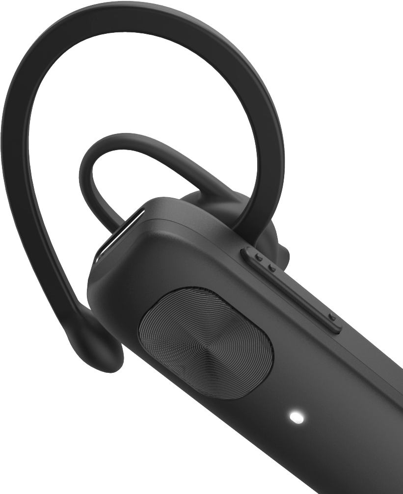 Egy fekete vezeték nélküli headset, ívelt fülkampóval és mikrofonnal. Fekete háttér előtt van.