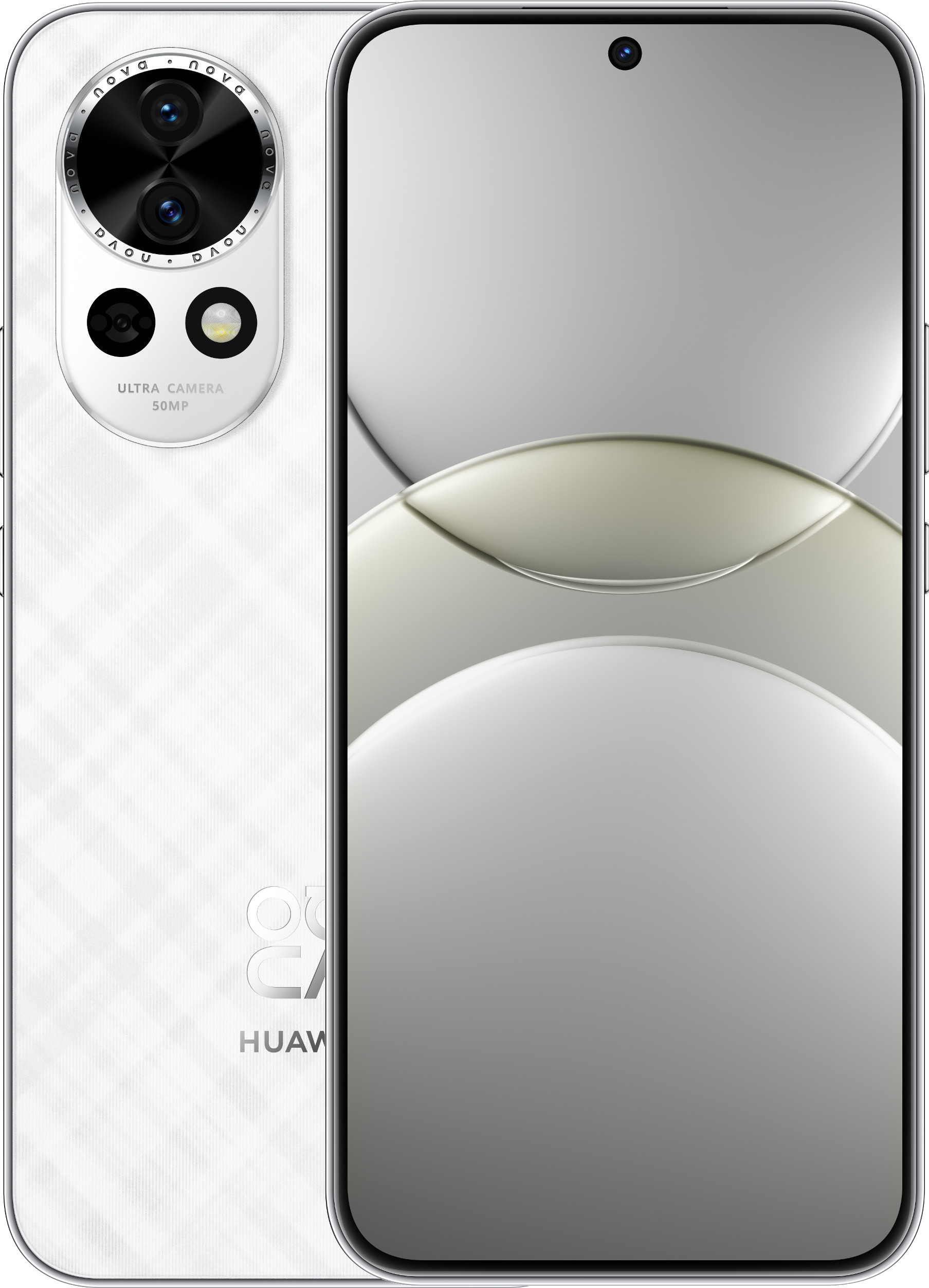 Biały smartfon, z podwójnym aparatem z tyłu i przednim aparatem do selfie. Logo Huawei.