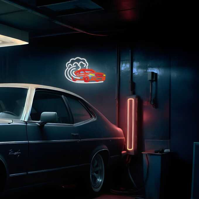 Neonowy znak samochodu w garażu, z samochodem z przodu. Czerwone światło neonowe.