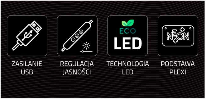 Ikony: zasilanie USB, regulacja jasności, technologia LED i podstawa neonowa na czarnym tle.