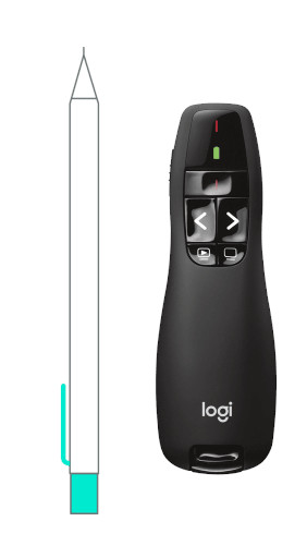 Czarny pilot do prezentacji i białe pióro rysikowe z turkusowym akcentem.