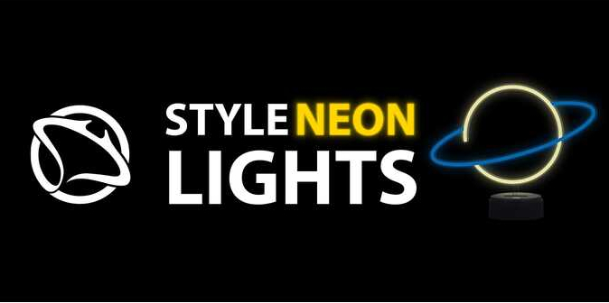 Znak neonowy z napisem "STYLE NEON LIGHTS". Czarne tło z żółtym i niebieskim neonem.
