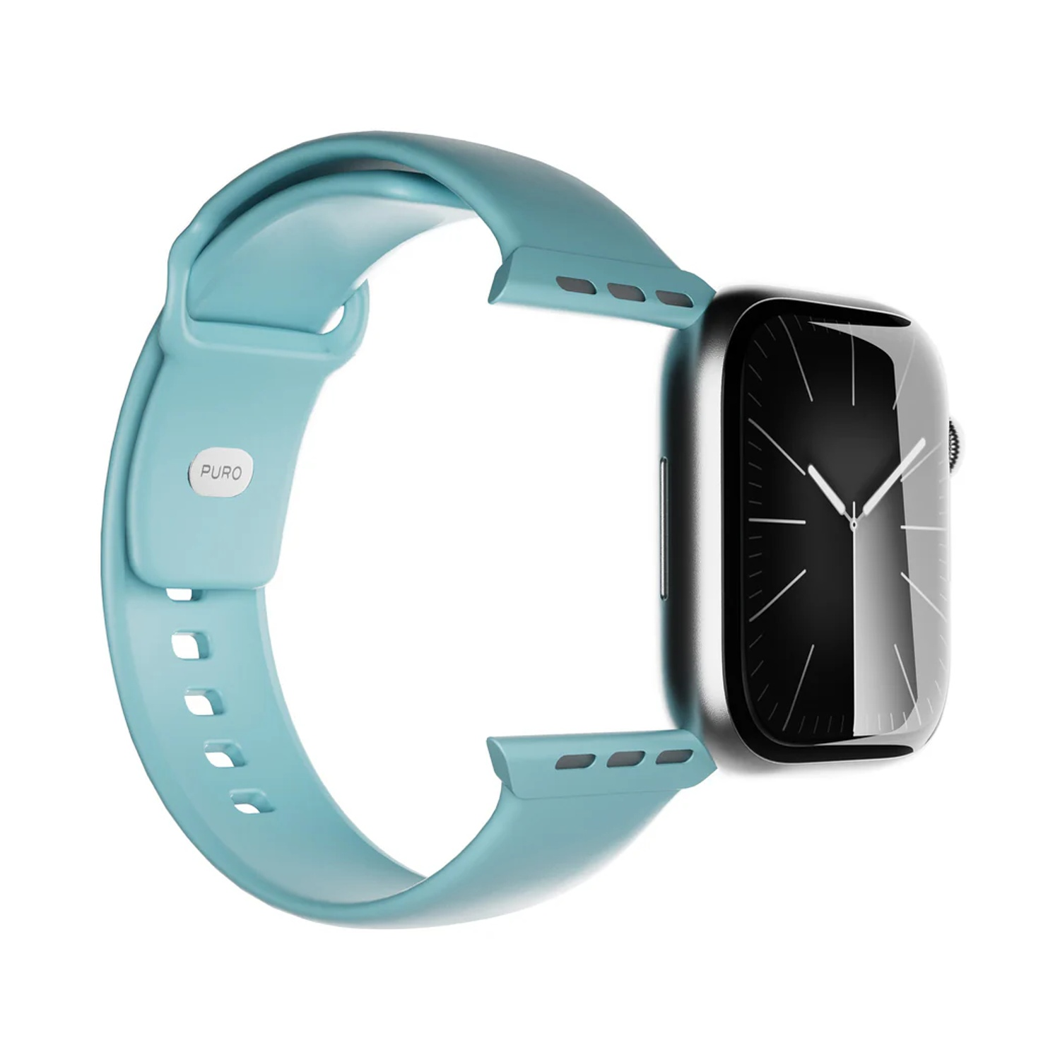 Uno smartwatch con cinturino blu. L'orologio è argentato con schermo nero.