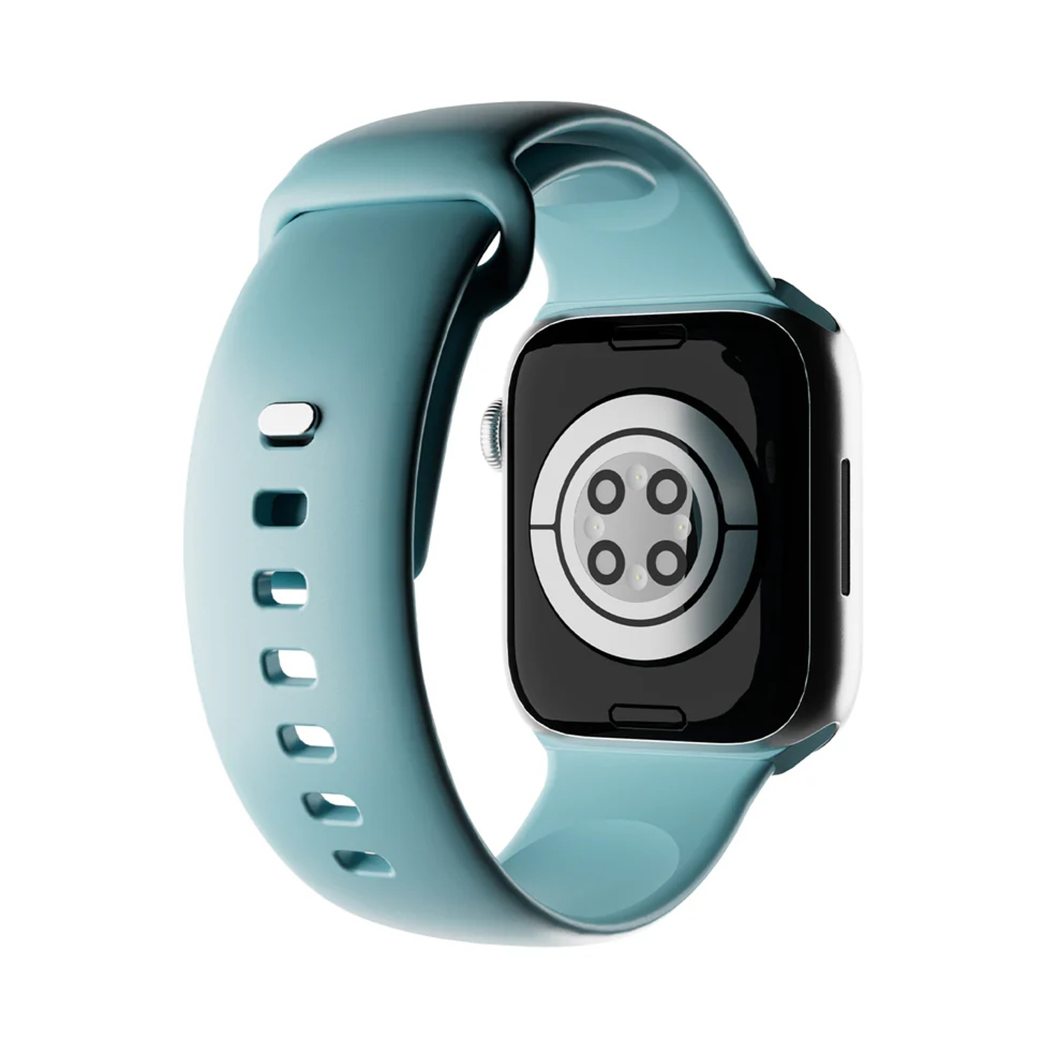 Smartwatch blu con cinturino blu, che mostra il retro con i sensori.