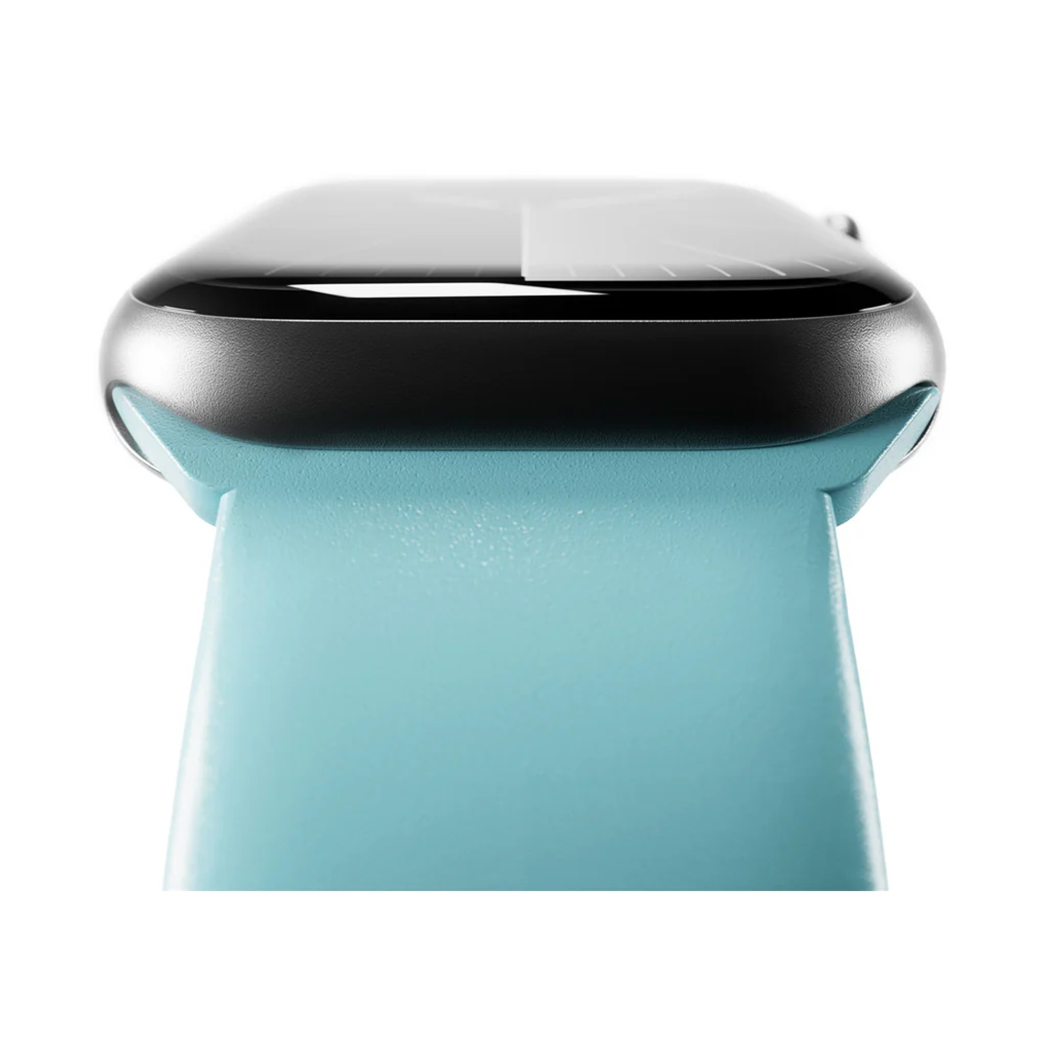 Primo piano di uno smartwatch con lunetta nera e cinturino azzurro.