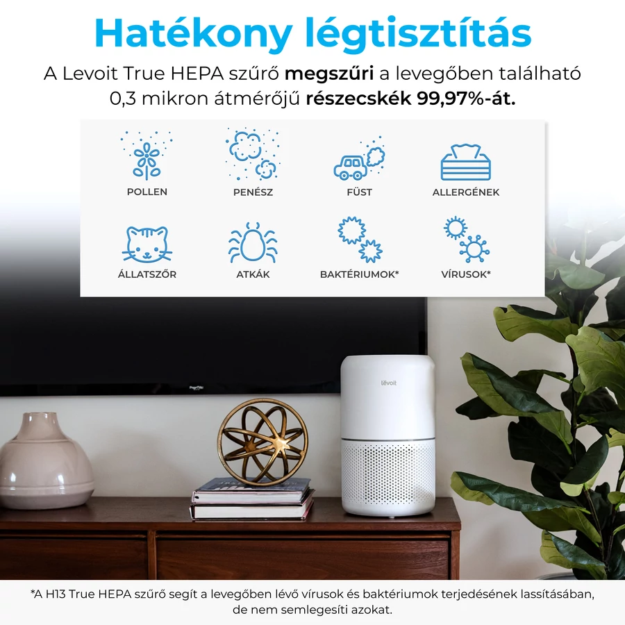 Levegőtisztító és szöveg a funkcióiról, beleértve a pollent, a port, az allergéneket.