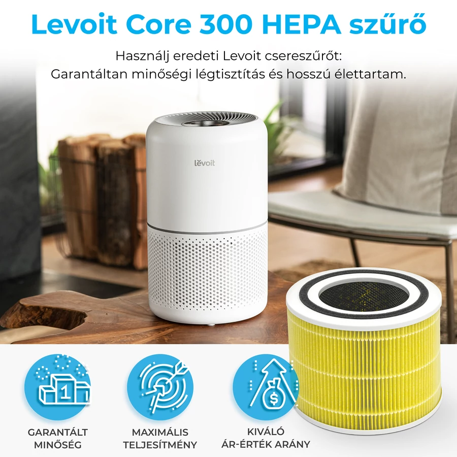 Levegőtisztító és sárga szűrő látható egy asztalon szöveggel és ikonokkal.