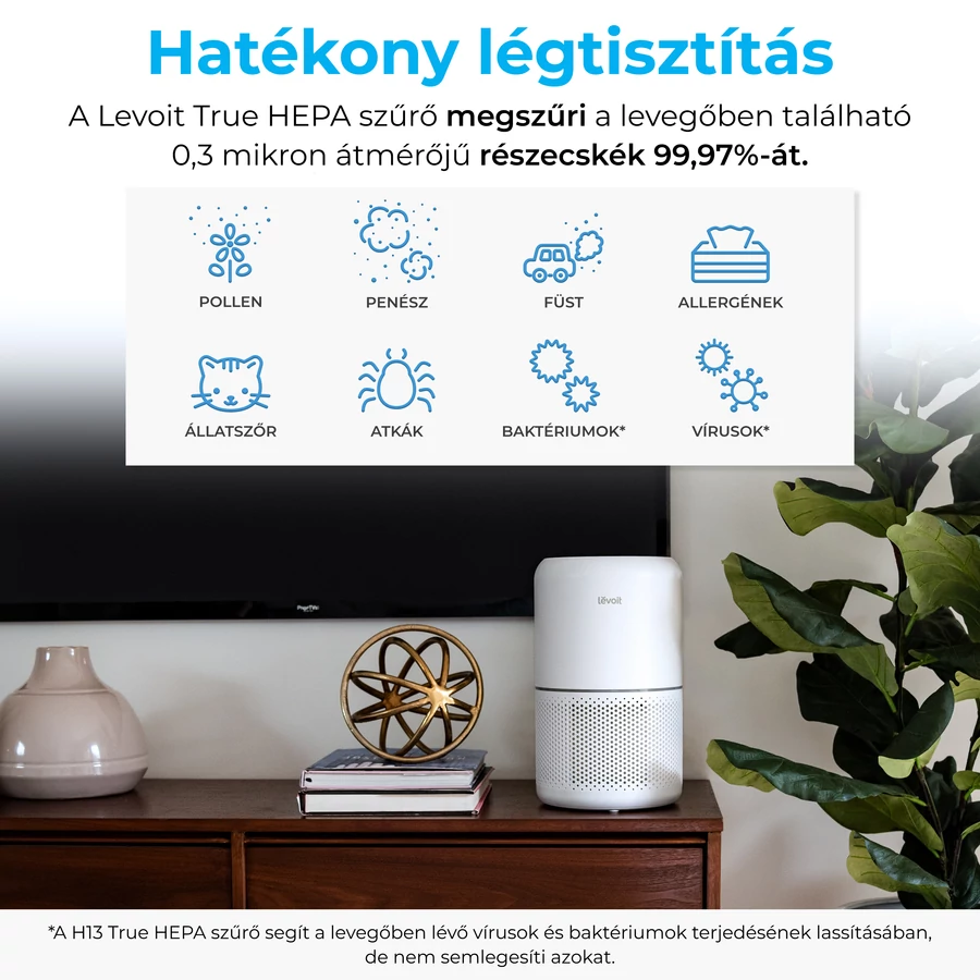 Egy légtisztító egy fa asztalon, TV-vel és növénnyel.