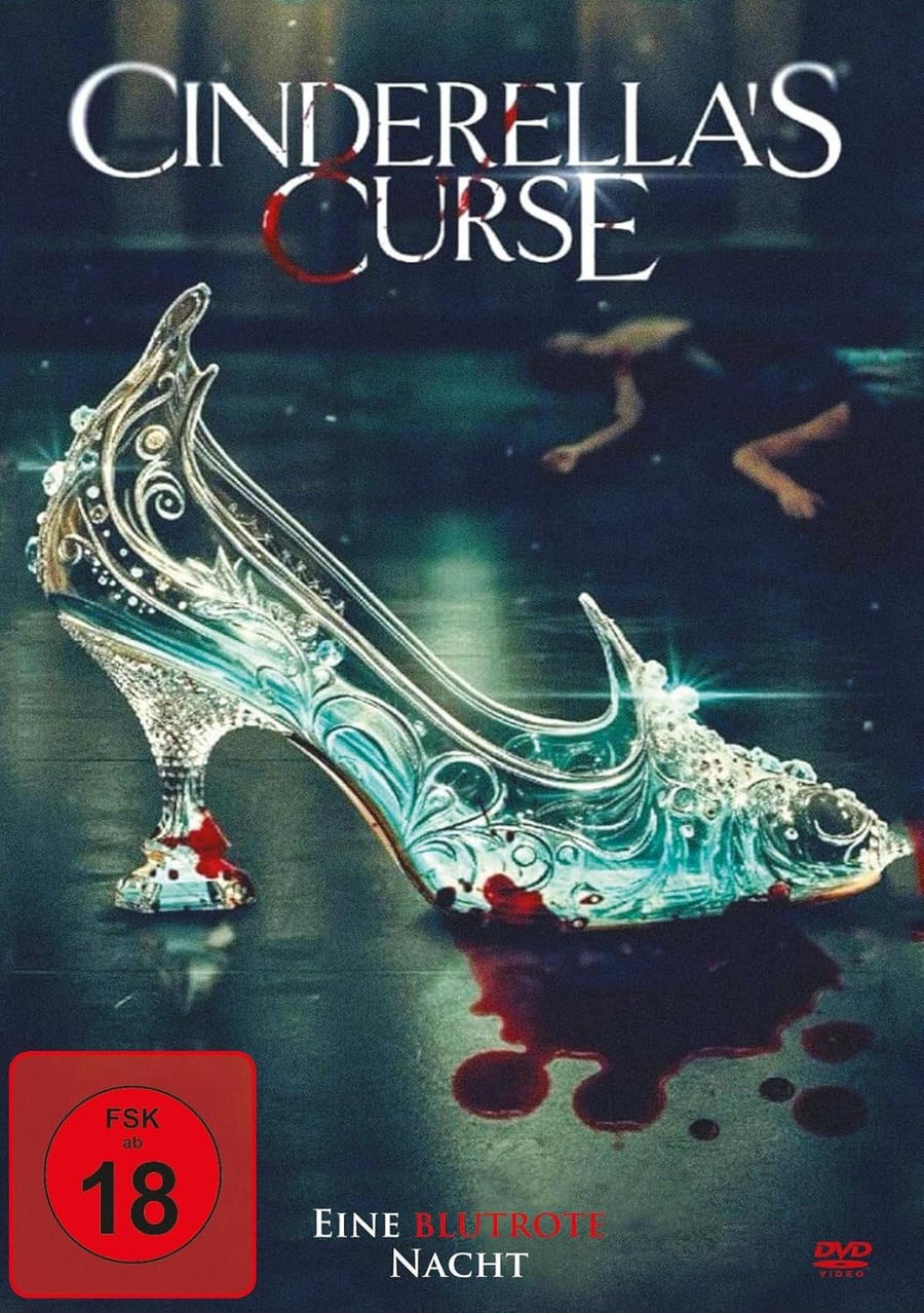 DVD-Cover: Cinderellas Fluch. Ein Glasschuh mit Blut. Rotes Bewertungsschild.