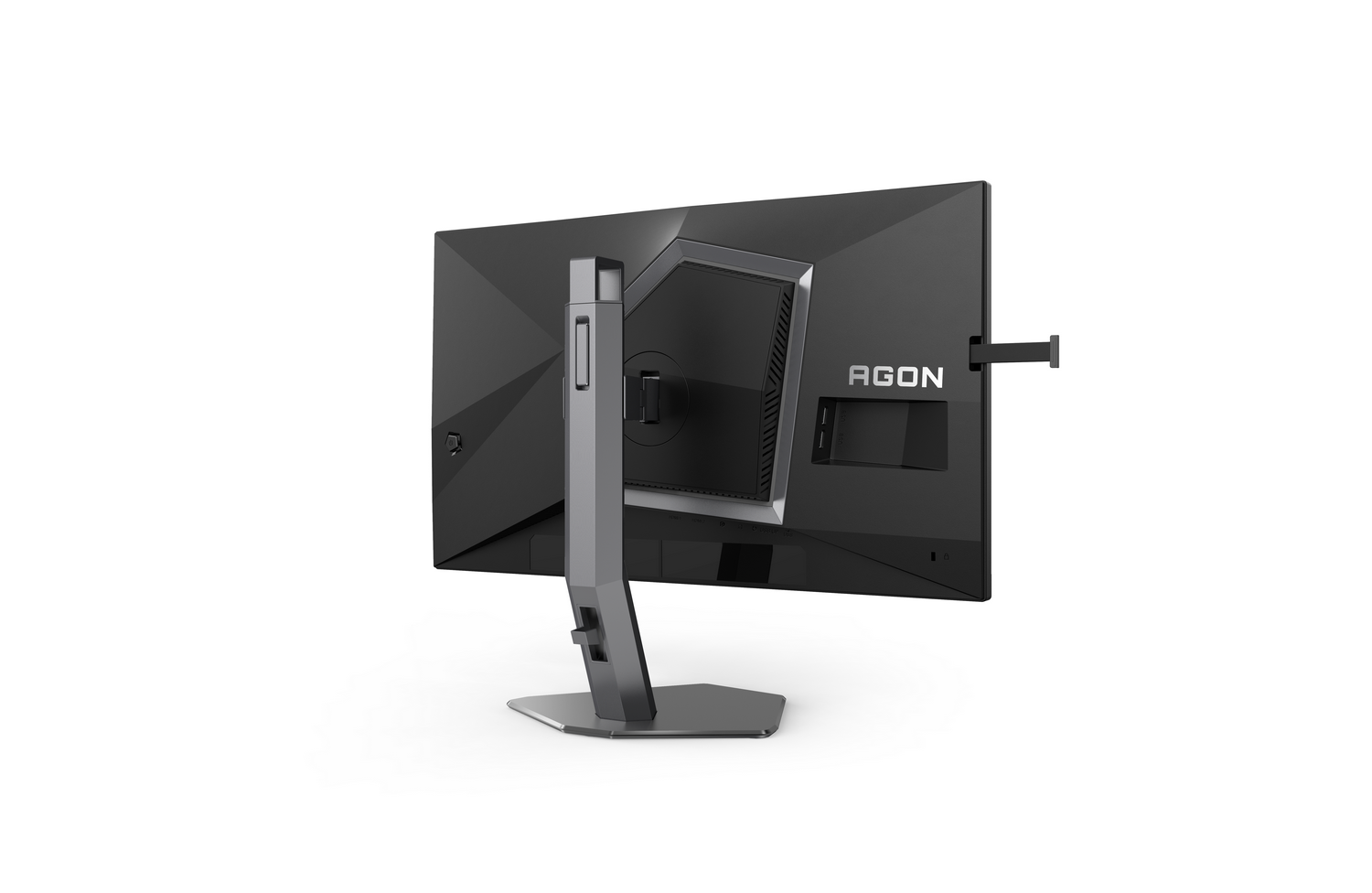 Vista trasera de un monitor negro con el logotipo AGON y soporte.