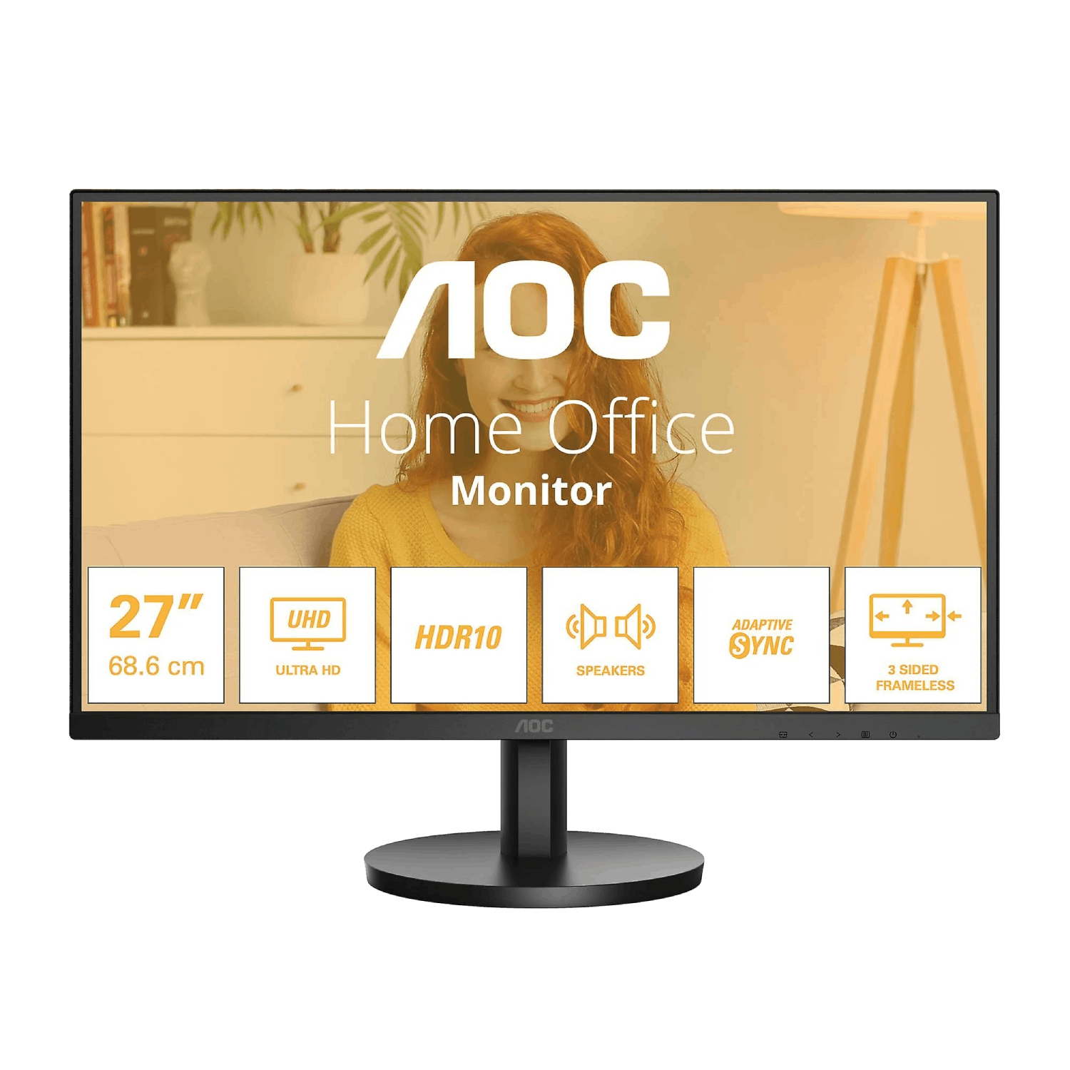 Monitor AOC Home Office, 27 pulgadas, con varios iconos sobre fondo negro.