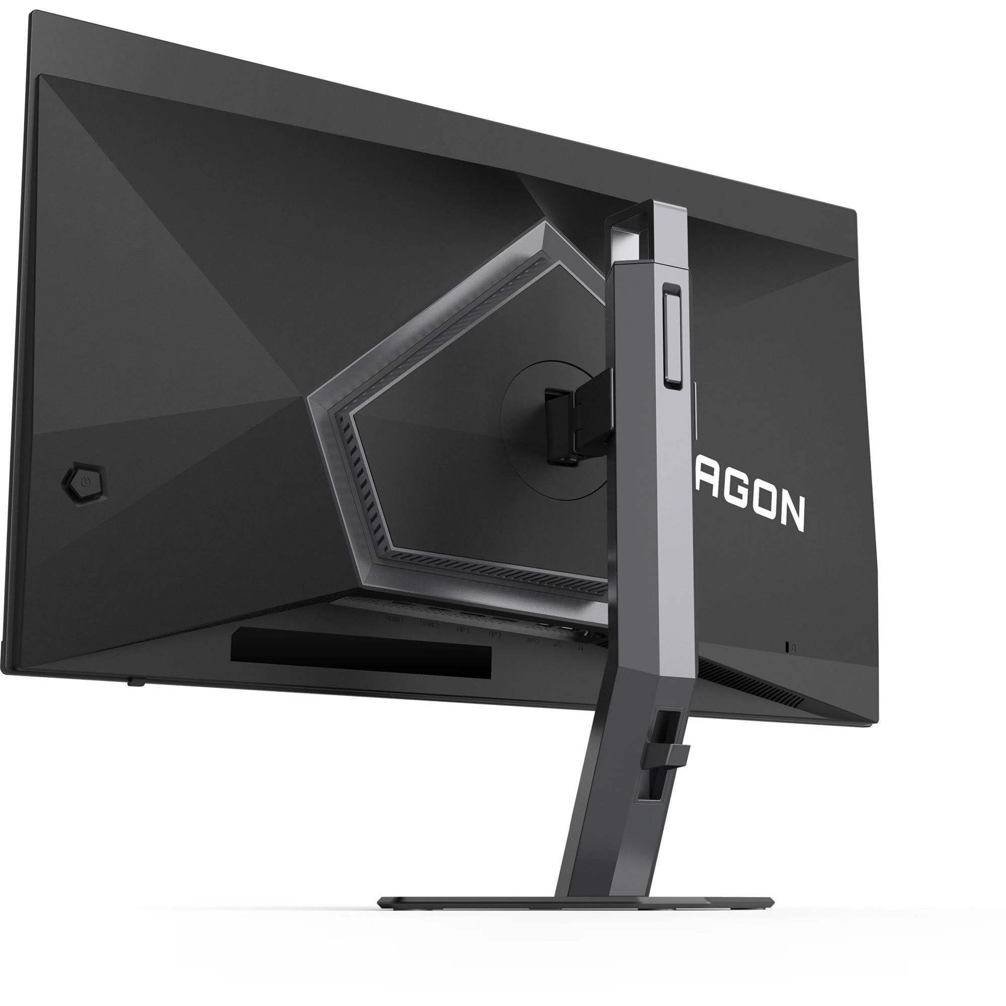 La parte trasera de un monitor negro con soporte.
