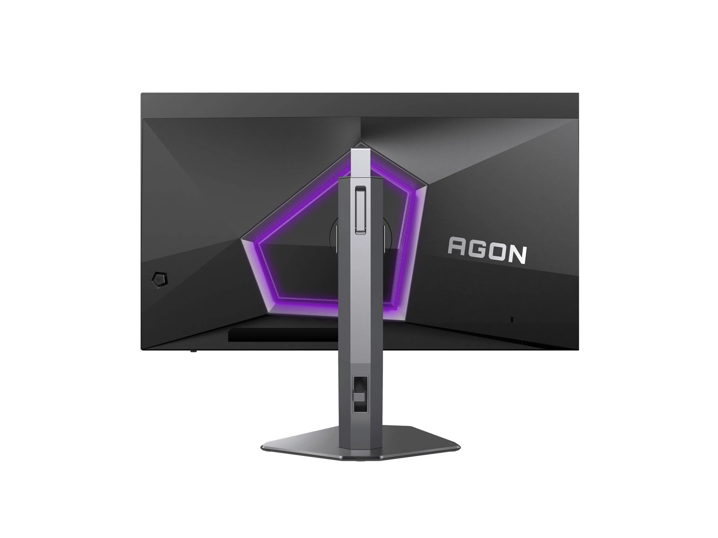 La parte trasera de un monitor negro con una función de luz morada.