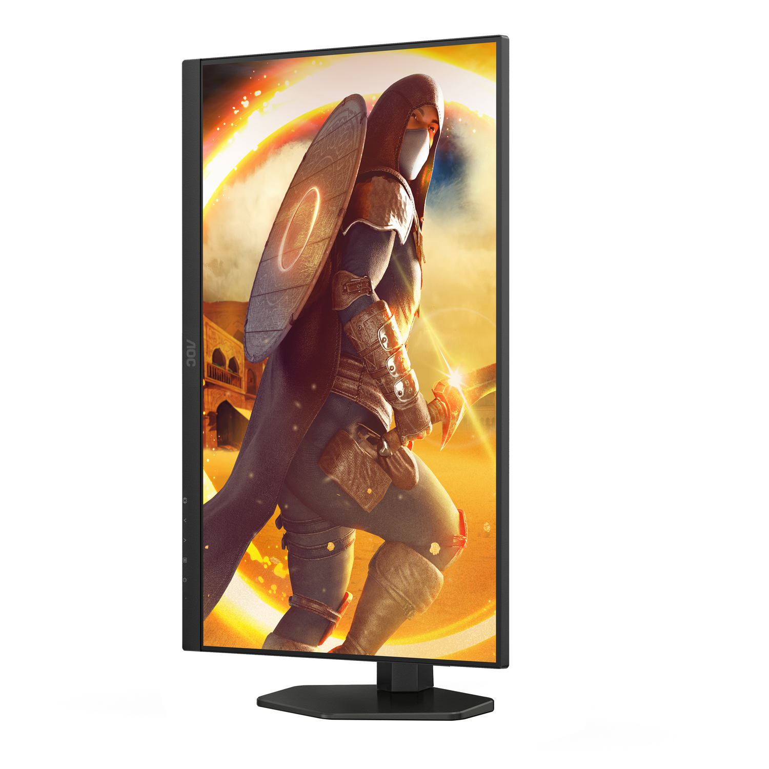 Monitor de computadora que muestra una escena de juego con un guerrero.
