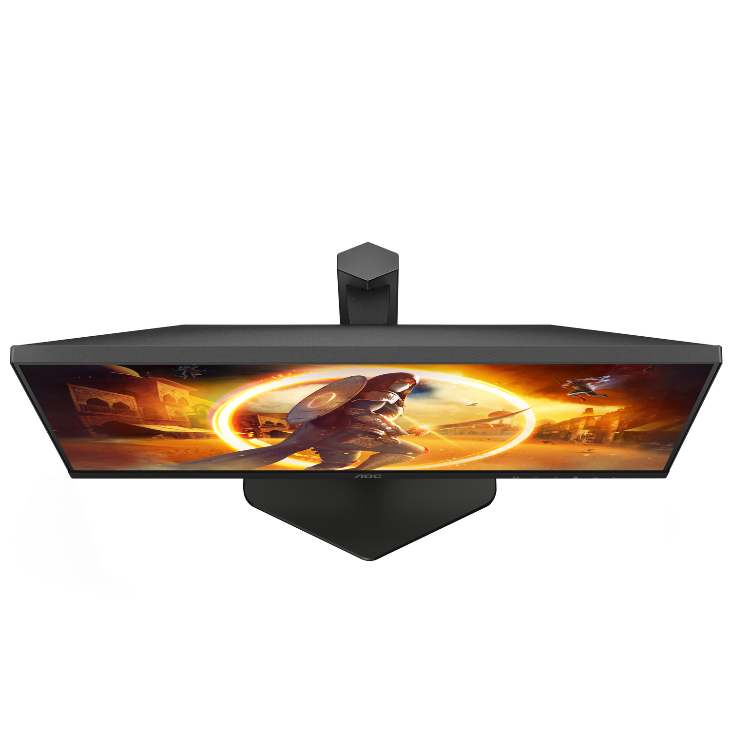 Vista cenital de un monitor de computadora negro que muestra una escena de juego.