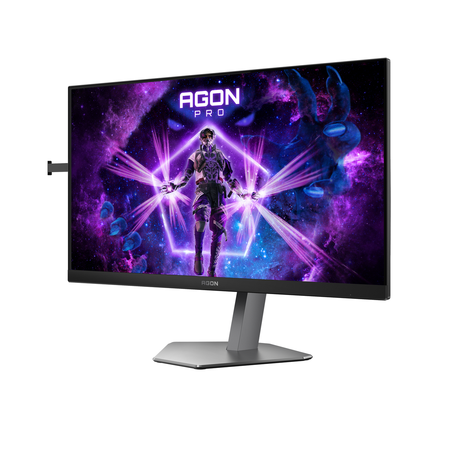 Un monitor de juegos con un fondo morado y una persona en el centro.