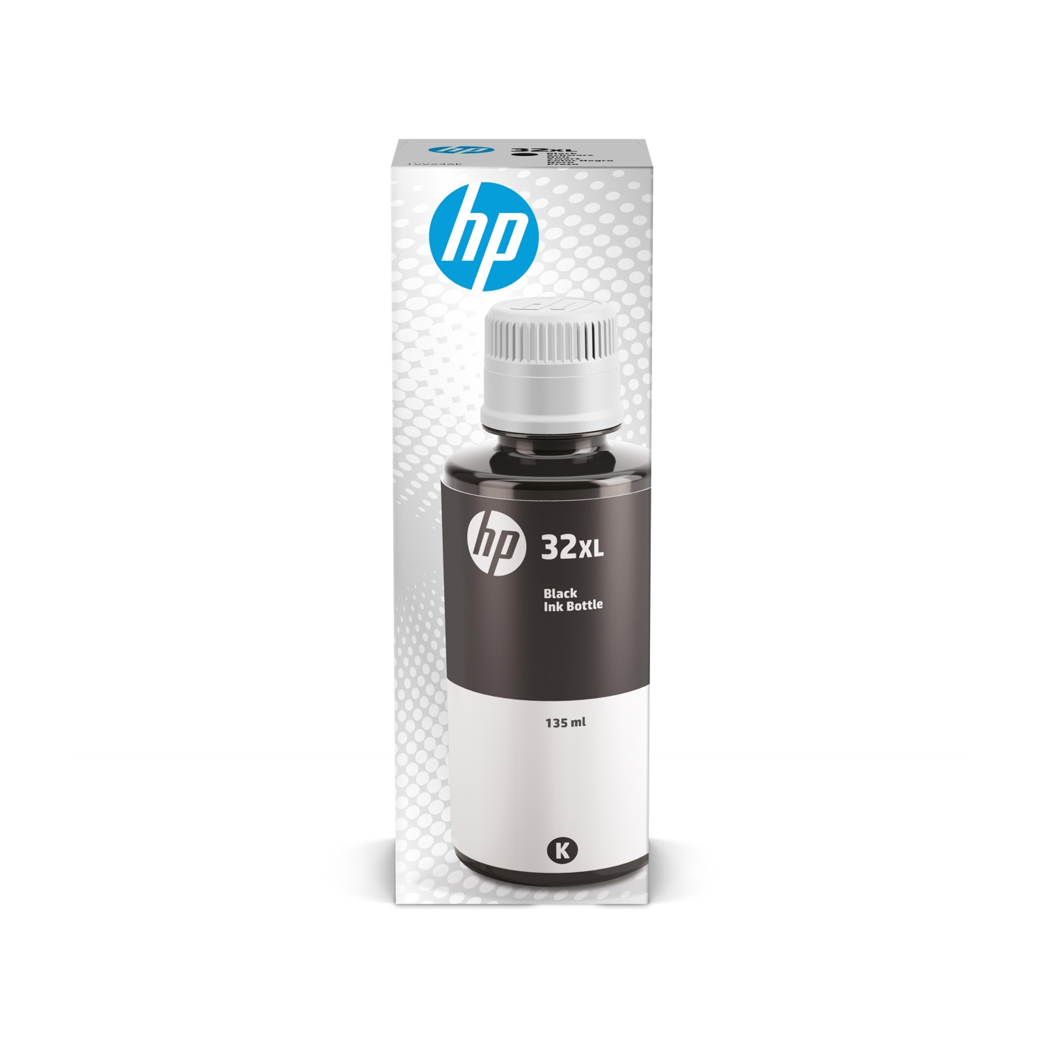 Bottiglia di inchiostro nero in una scatola bianca con il logo HP, su sfondo bianco.
