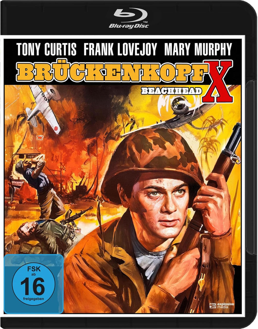 Blu-ray-Disc-Cover für 'Beachhead X'. Zeigt Kriegsszene mit Flugzeugen und Soldaten.