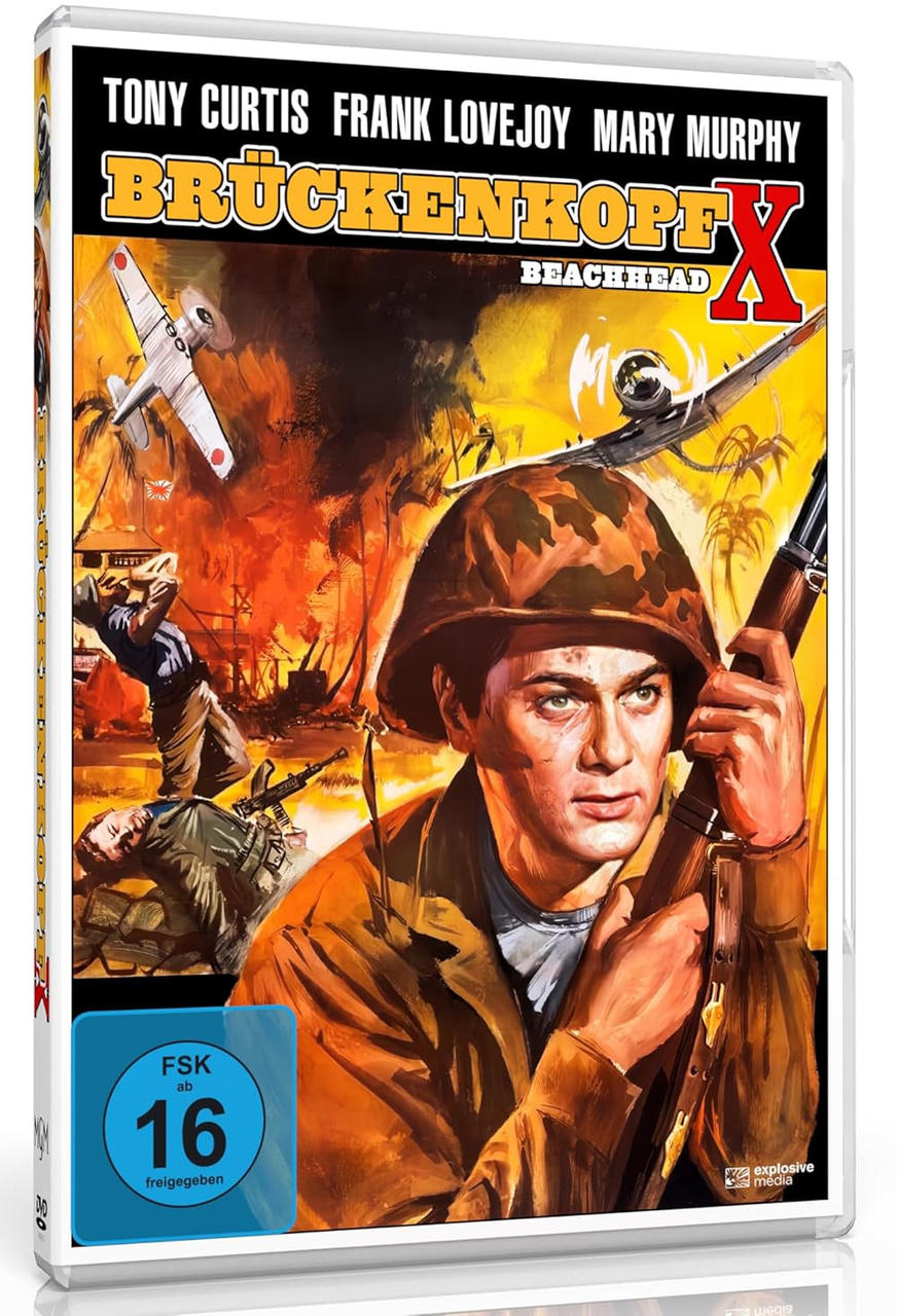 Filmcover: Soldat mit Helm hält Waffe. Titel: Brücken Kopf X. Flugzeuge und Explosionen.