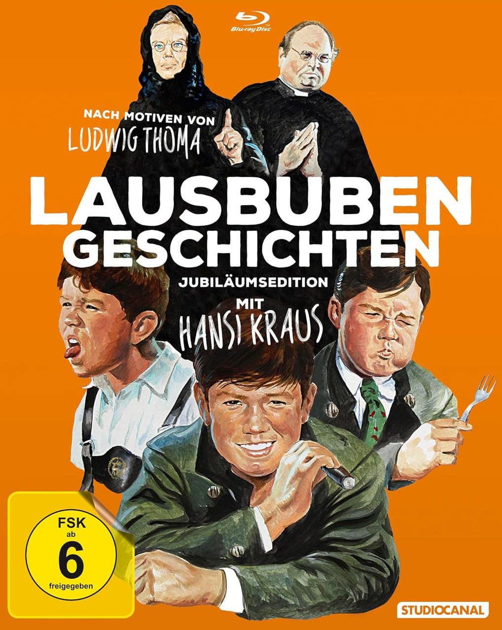 DVD-Cover für 'Lausbubengeschichten' mit Schauspielern und Titeltext auf orangefarbenem Hintergrund.