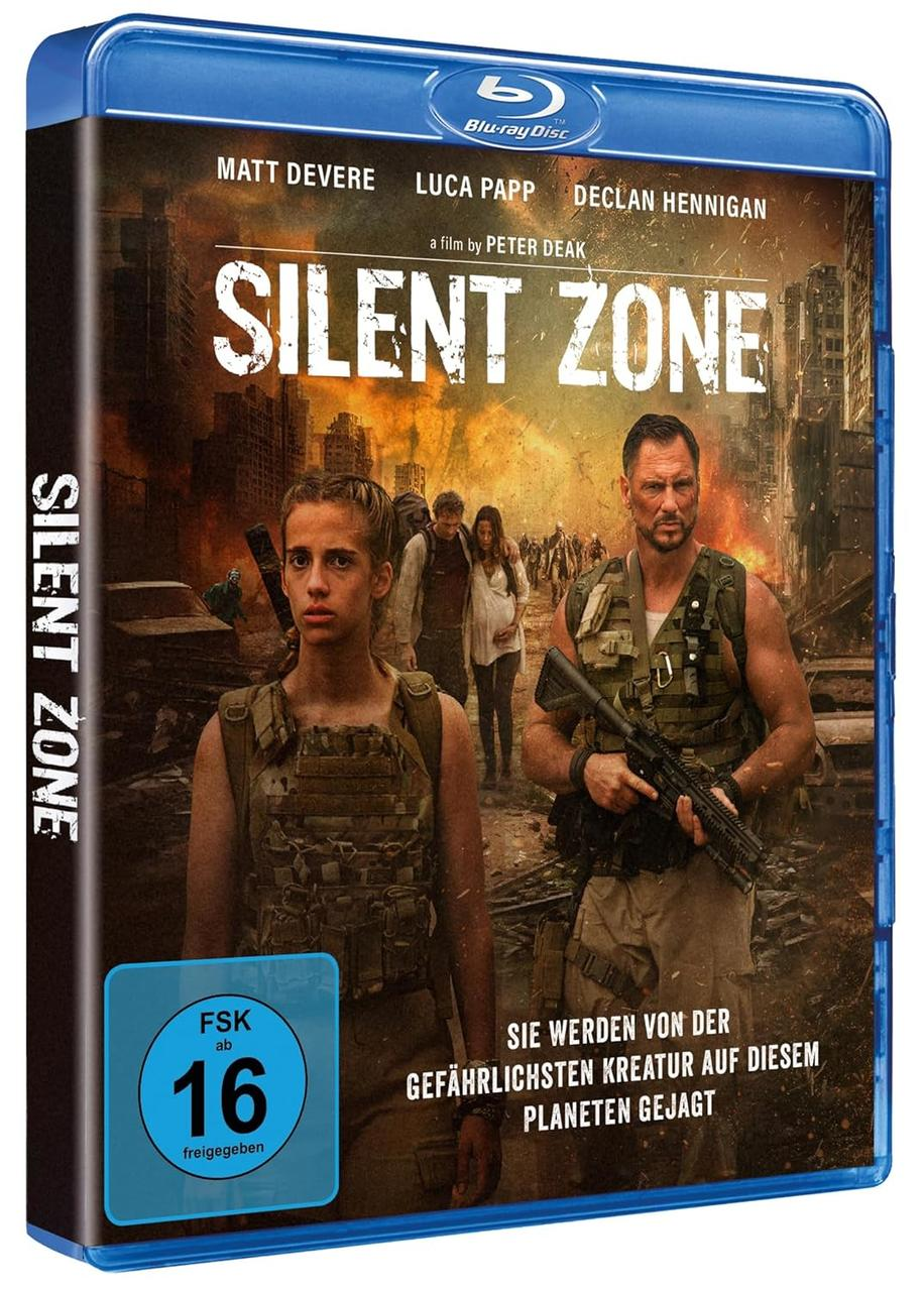 Filmcover: Menschen gehen in zerstörter Stadt. Titel: Silent Zone. Ein Mann mit einer Waffe.