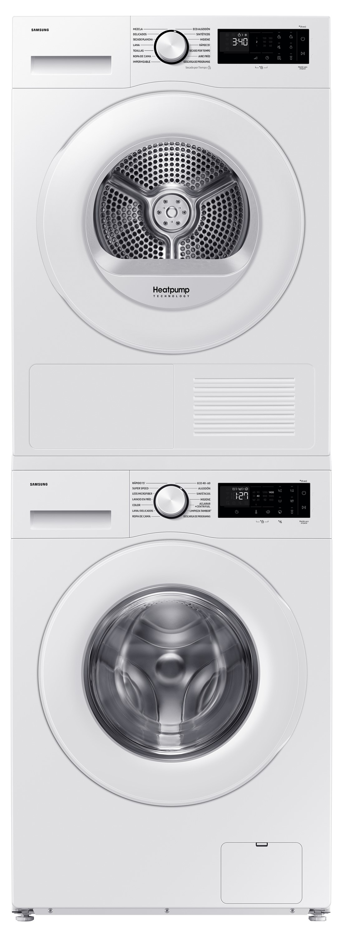 Ein Stapel weißer Samsung Waschmaschinen und Trockner.