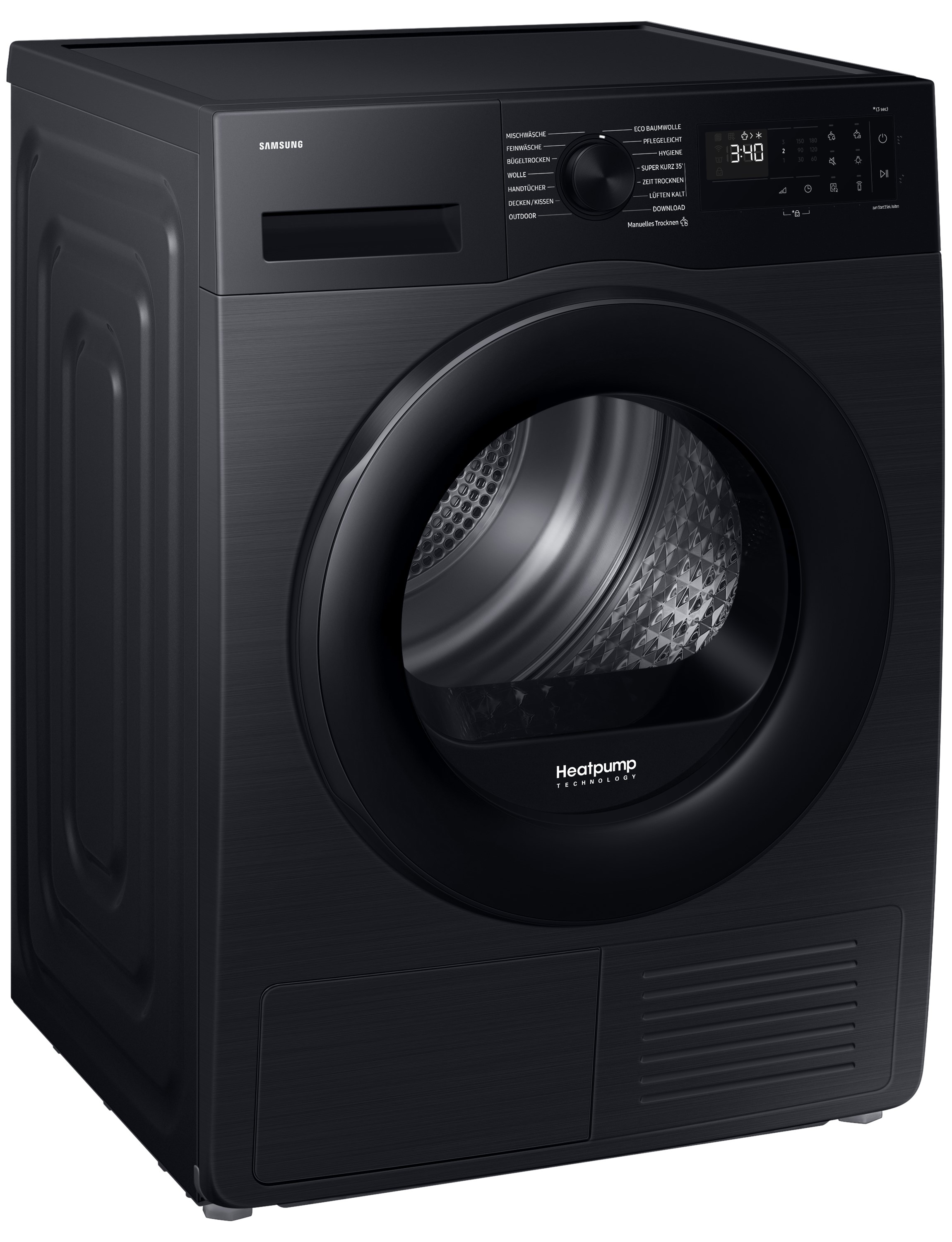 Schwarzer Samsung Trockner. Seitenansicht. Zeigt Tür und Bedienfeld. Wärmepumpentechnologie.