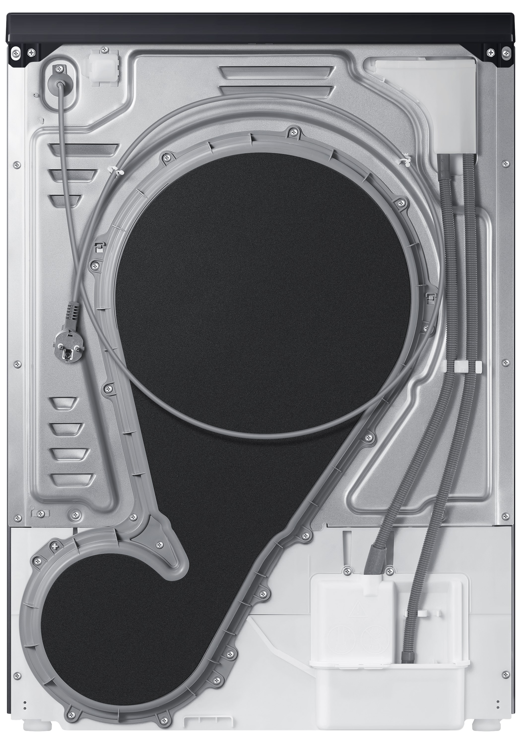 Rückseite eines weiß-grauen Samsung Trockners. Zeigt die internen Mechanismen und Anschlüsse.