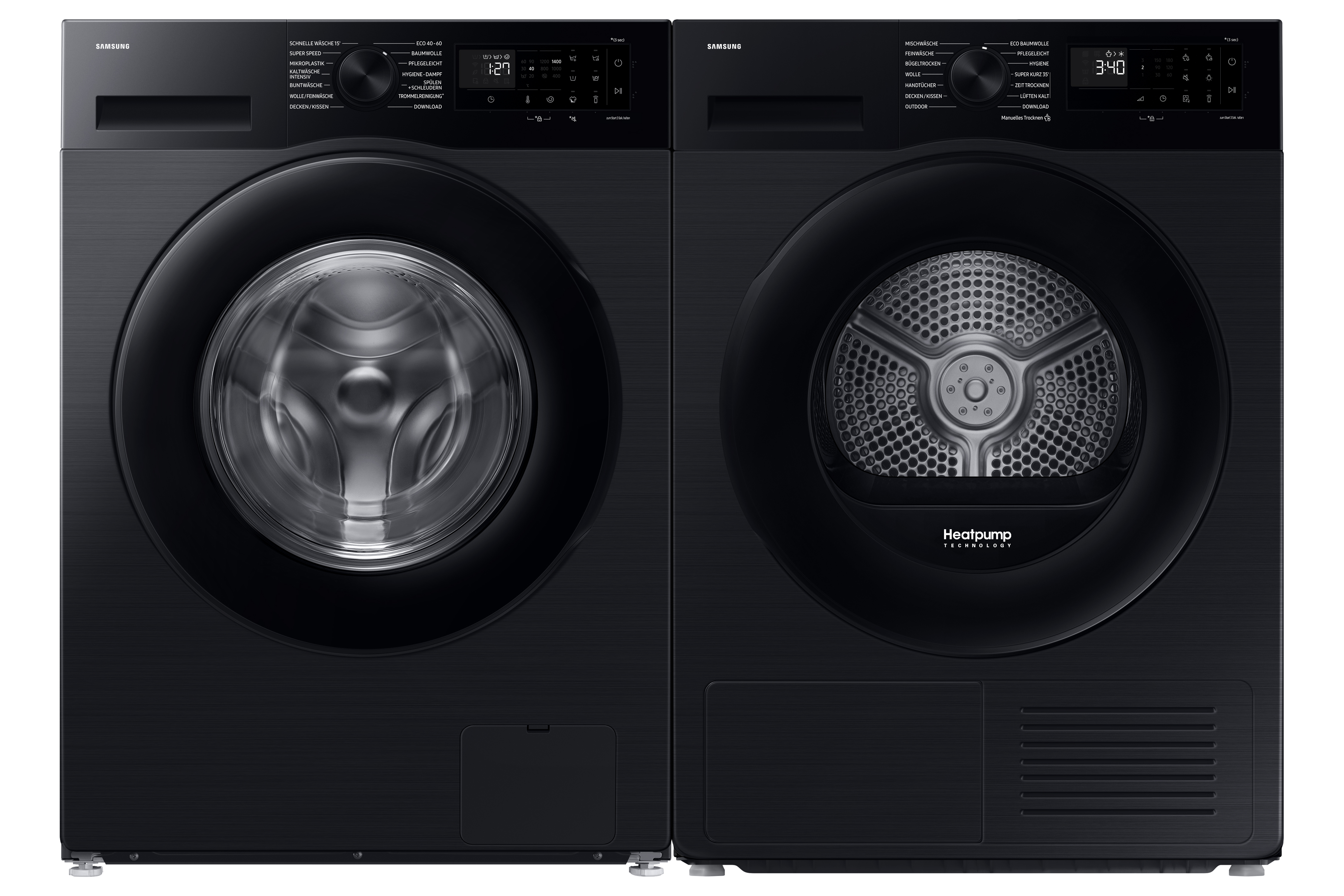 Zwei schwarze Samsung Waschmaschinen und ein Trockner stehen nebeneinander.