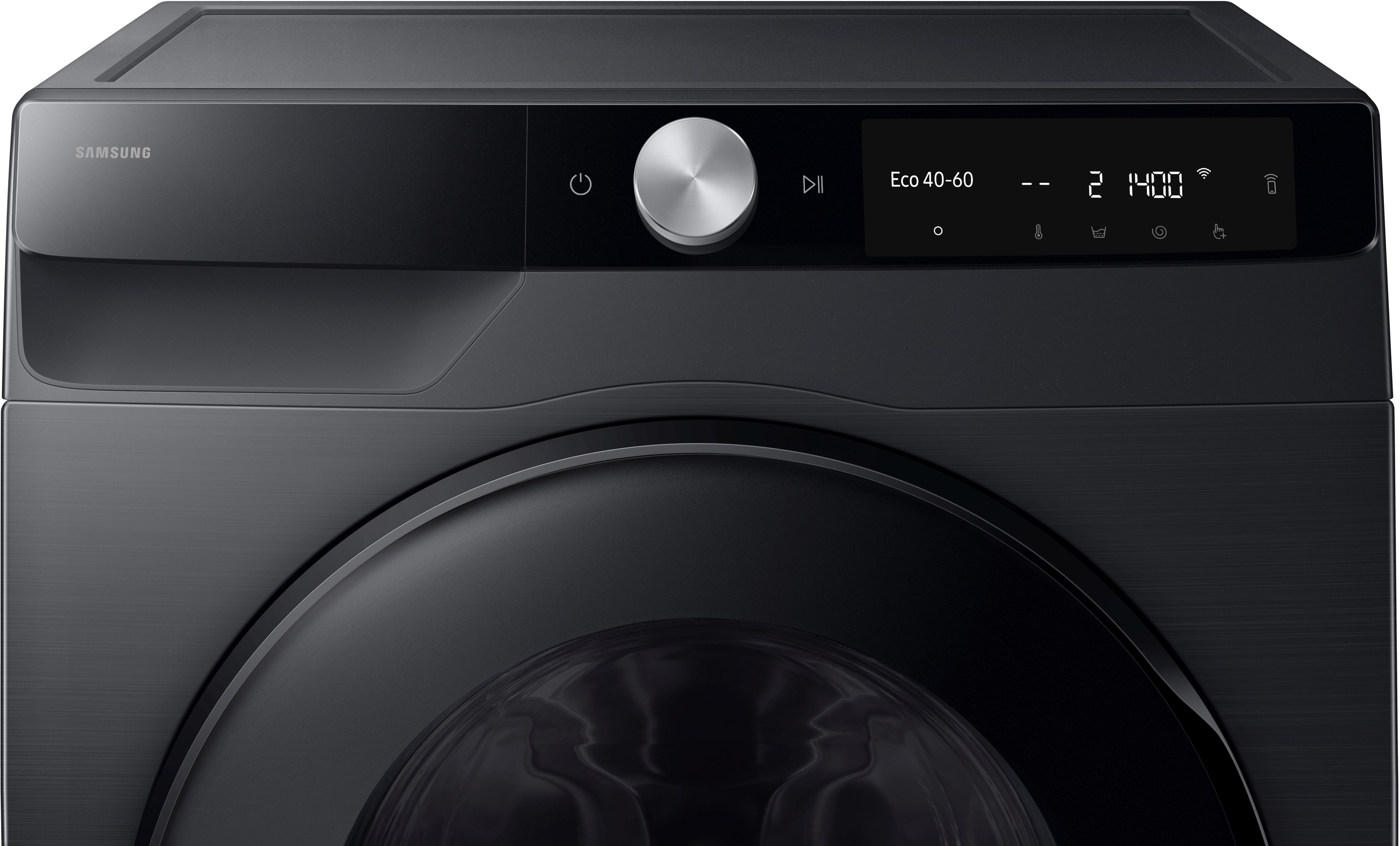 Eine schwarze Samsung Waschmaschine. Sie hat ein Bedienfeld mit Drehknopf und Digitalanzeige. Die Tür ist aus dunklem Glas.